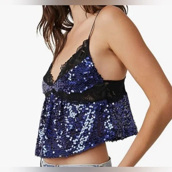 Free People Intimately Right Rhythm Sequin Cami in Midnight Blue💎 - Picture 1 of 6